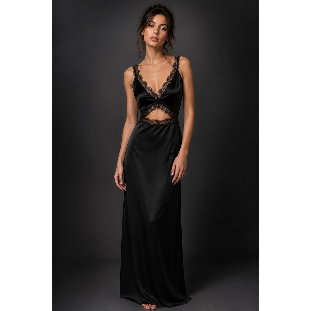 Never Fully Dressed Black Maxi Slip Dress Lace Satin UK 10 US 6 Goth Coquette